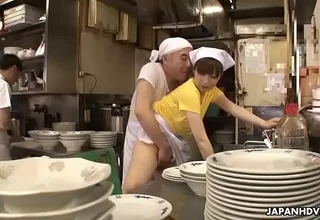 Japanese waitress Mimi Asuka gets fucked in the restaurant